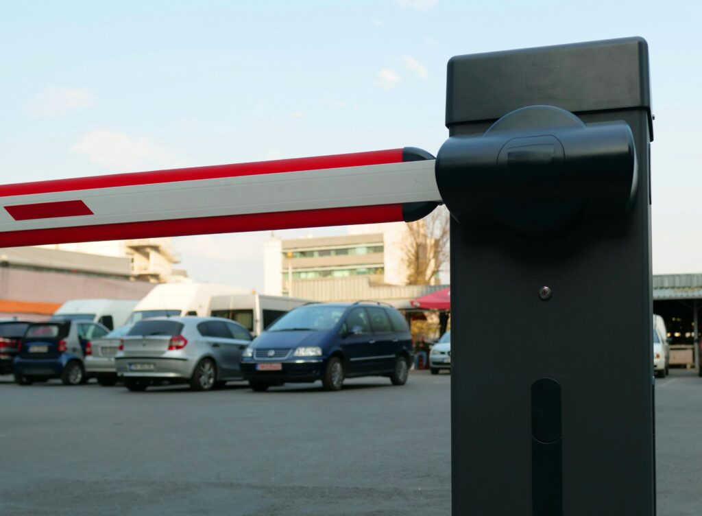 The entrance of a secure paid parking lot in Heraklion city center for rental cars in Crete.